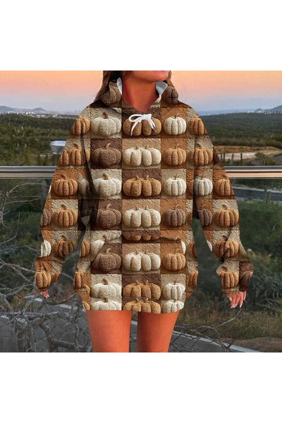 Brown Sweatshirt for Womens Oversized Hooded with Pocket Pullover Pumpkin Print Soft Ladies Tops XL