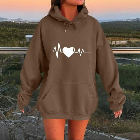 EchfiProm Brown Sweatshirts for Womens with Pockets Hoodies Oversized Casual Pullover Hooded Graphic Ladies Tunic Tops