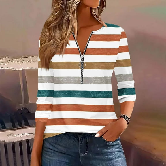 EchfiProm Brown Tops for Women Half Zip Pullover V-Neck Long Sleeve Fall Striped Ladies T-Shirt Relaxed Fit