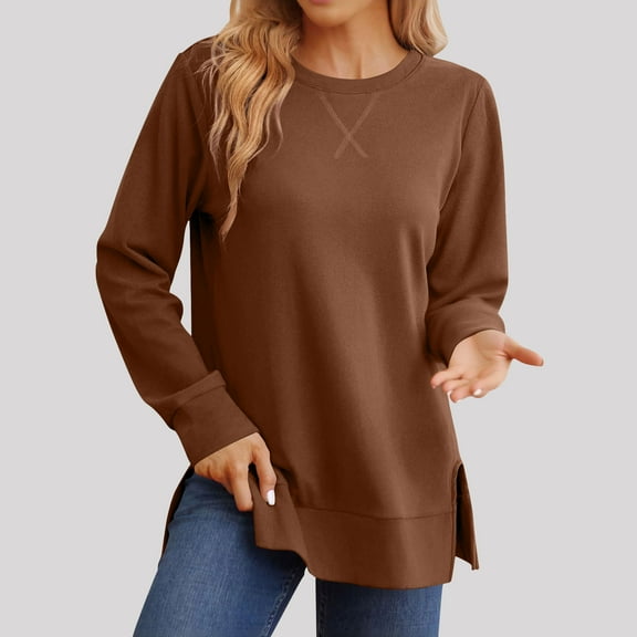 EchfiProm Brown Tops for Women Loose Shirts Crew Neck Winter Slit Hem Tunic Blouse Long Sleeve Ladies