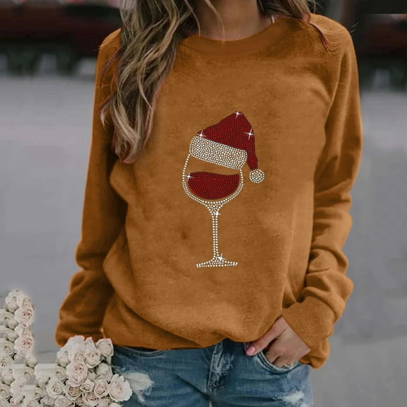 EchfiProm Brown Women Sweatshirt Crew Neck Pullover Fanshion Long Sleeve Relaxed Fit Rhinestone Graphic Sweatshirt