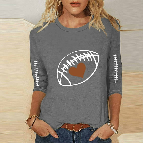EchfiProm Casual Shirts for Women 3/4 Sleeve Football Gray Pullover Relaxed Fit Cute Crew Neck Blouse