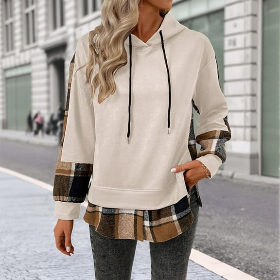 EchfiProm Casual Sweatshirts for Womens Plaid Patchwork Hoodies Beige Long Sleeve Womems Tops Hooded
