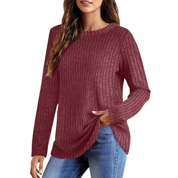 EchfiProm Casual Tops for Women Brushed Ribbed Blouse Long Sleeve Red Loose Womens Shirts Solid