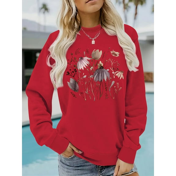 EchfiProm Casual Tops for Women Long Sleeve Pullover Red Floral Ladies Sweatshirt Loose