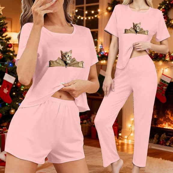 EchfiProm Christmas Pajamas for Women 3 Piece Set Funny Sleepwear Short Sleeve Long Pants Pink Soft Ladies Lounge Sets Xmas