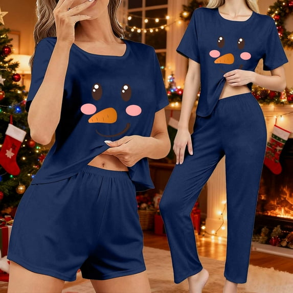 EchfiProm Christmas Pajamas for Women 3 Piece Set Loungewear Festive Cozy Navy Short Sleeve Long Pants Adults Pjs Set Cute