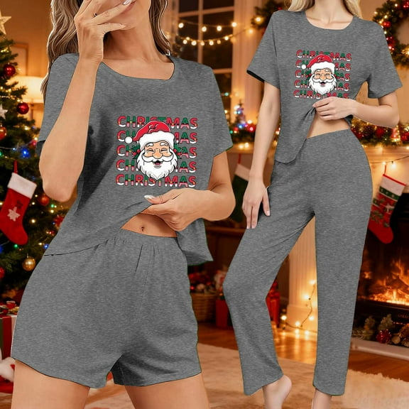 EchfiProm Christmas Pajamas for Women Sleepwear Funny Fall Xmas Short Sleeve Long Pants 3PC Set Adults Lounge Sets