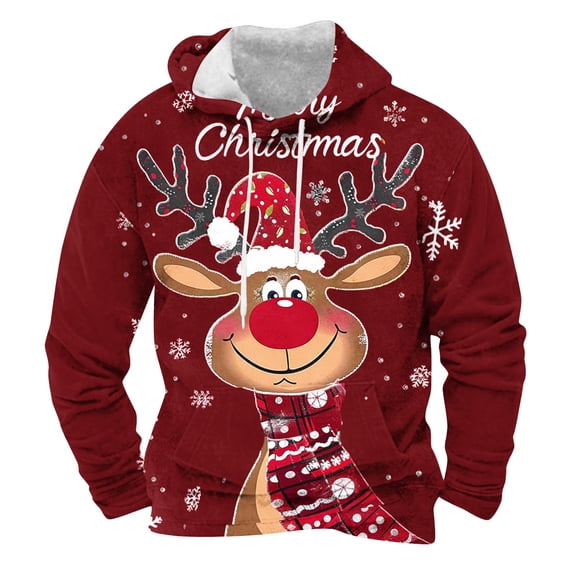 EchfiProm Christmas Reindeer Hoodies for Men Pullover with Pockets Red Graphic Hooded Xmas Mens Sweatshirt 3XL