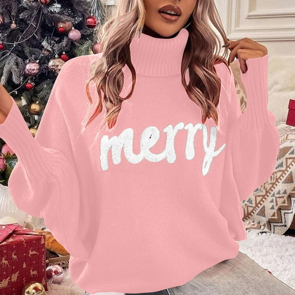 EchfiProm Christmas Sweaters for Women Pullover Holiday Turtleneck Pink Work Merry Ladies Tops Long Sleeve