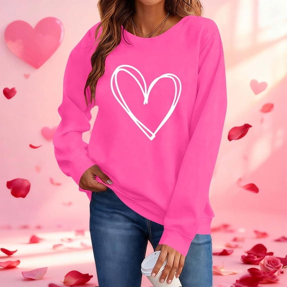 EchfiProm Christmas Sweatshirts for Women Graphic Pullover Crewneck Festive Long Sleeve Hot Pink Valentine Day Hers Tops Heart