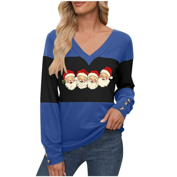 EchfiProm Christmas Tops for Women V Neck Blue Dressy Casual Long Sleeve Reindeer Xmas Funny Females Blouse