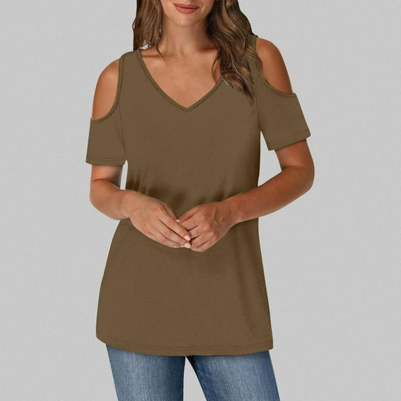 EchfiProm Coffee Blouses for Women Tunic V Neck Casual 2025 Comfort Off Shoulder Solid Short Sleeve Shirts 2XL