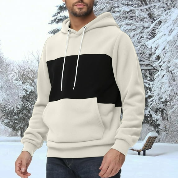 EchfiProm Colorblock Hoodies for Men Fleece Beige Pullover Sweatshirt Long Sleeve Mens Tops S