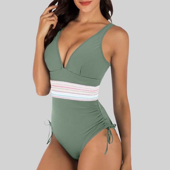 EchfiProm Colorblock Swimsuits for Women Tummy Control Swimwear One Piece Green High Cut Ladies Bathing Suits Beach