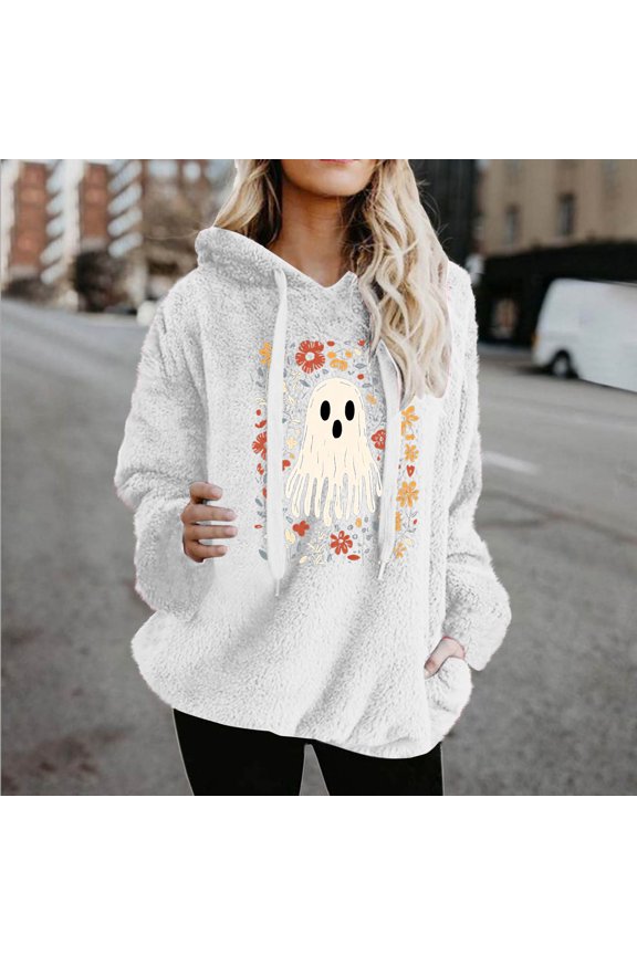 Comfy Sweatshirt for Womens White Hoodies Long Sleeve Oversized Pullover Fleece Ghost Womems Tops Spooky Season