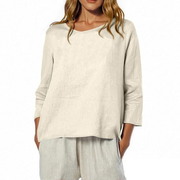 EchfiProm Crew Neck Shirts for Women Khaki Tops Fall Cotton Linen Long Sleeve Blouse Solid Loose Ladies