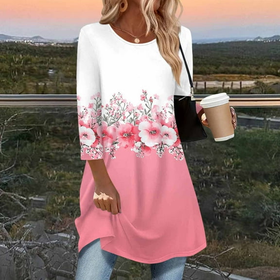 EchfiProm Crew Neck Shirts for Women Long Pink Tops Fall 3/4 Sleeve Tunic Blouse Floral Ladies Dressy