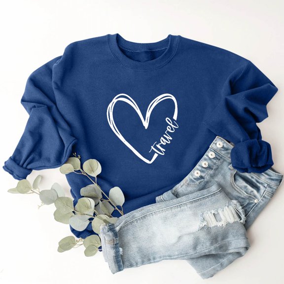 EchfiProm Crew Neck Sweatshirts Women Pullover Graphic Blue Lightweight Long Sleeve Heart Comfy Sweatshirt