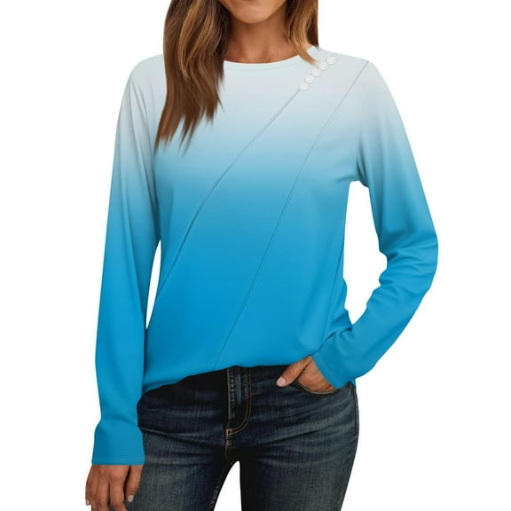 EchfiProm Crew Neck T-Shirts for Women Relaxed Fit Tops Long Sleeve Casual Pullover Gradient Blue Womens