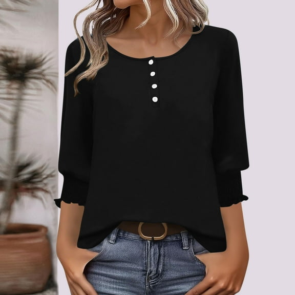 EchfiProm Crew Neck Tops for Women Black T-Shirts 3/4 Sleeve Trendy Pullover Solid Ladies