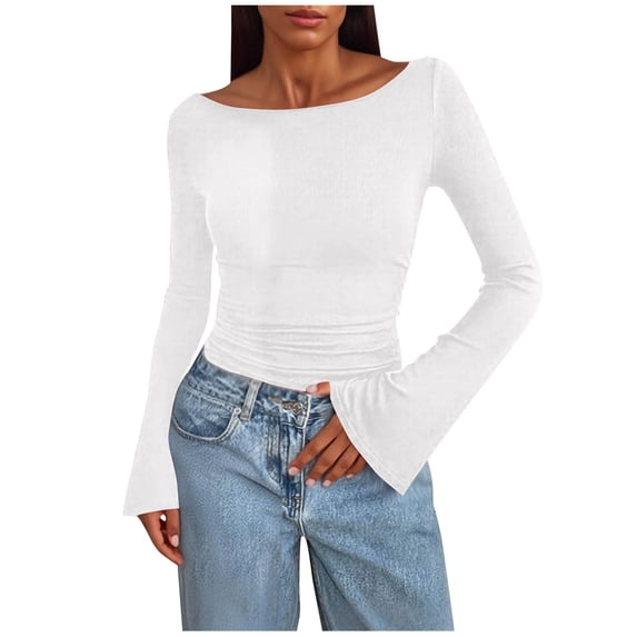 EchfiProm Crew Neck Tops for Women Slim T-Shirts Long Sleeve Fall Pullover Solid Ribbed Womens White