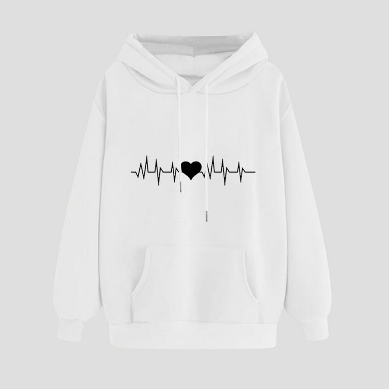 EchfiProm Crew Neck Women Fall Sweatshirt Hooded White Heart Long