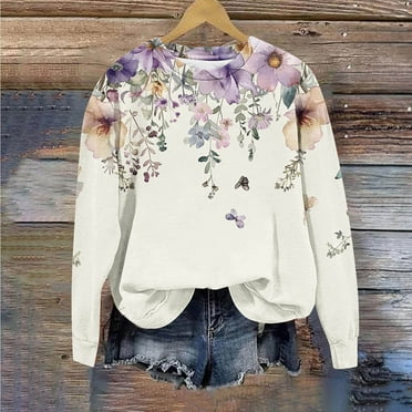 EchfiProm Crew Neck Womens Sweatshirts Lightweight Soft Casual Long Sleeve Pullover Floral Sweatshirt 3XL