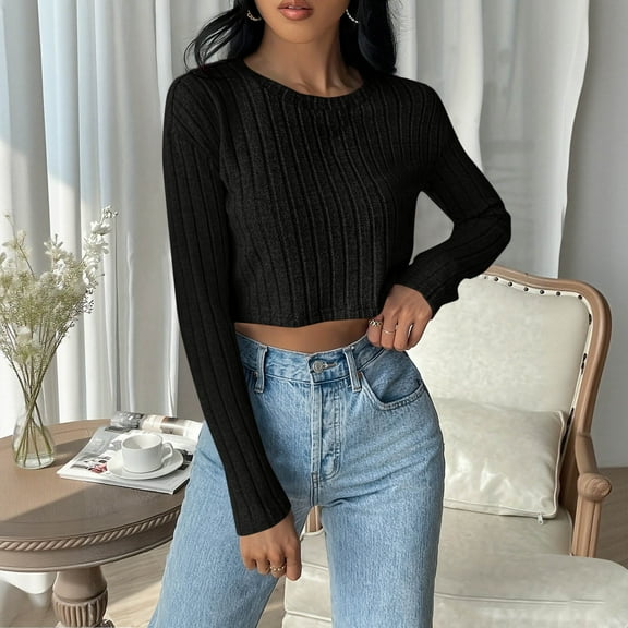 EchfiProm Crop Tops for Women Brushed Ribbed Long Sleeve Slim Fit Crew Neck Solid Fall Womens Shirts