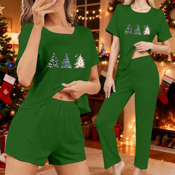 EchfiProm Cute Christmas Pajamas for Women Sleepwear Short Sleeve Long Pants 3 Piece Set Soft Adults Lounge Sets Nightwear
