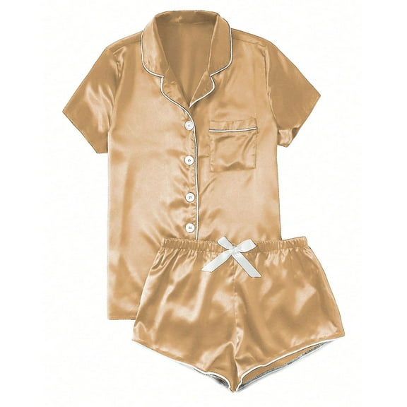 EchfiProm Cute Summer Pajamas for Women Gold Short Sleeve Shirts Satin Shorts Sleepwear Sets XL