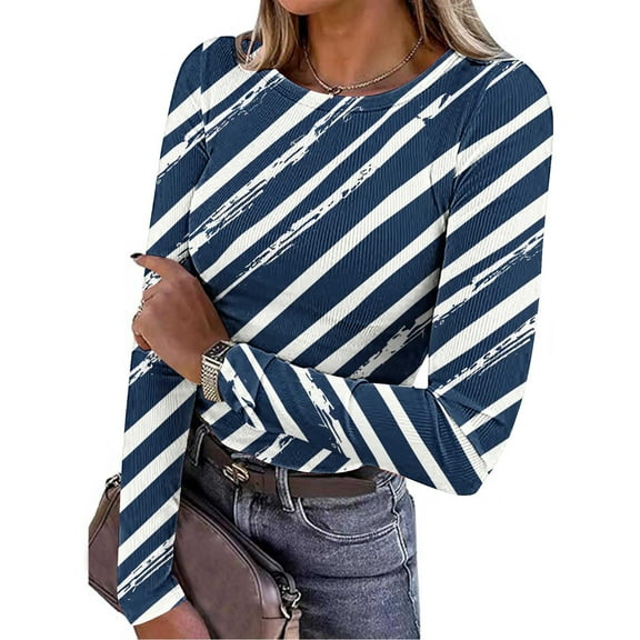 EchfiProm Dark Blue Tops for Women Casual Long Sleeve Ribbed Slim Striped Ladies T-Shirt