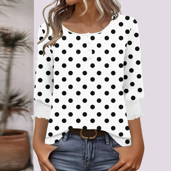 EchfiProm Fall Shirts for Women 3/4 Sleeve White Pullover Fall Crew Neck Loose Fit Polka Dot Tops