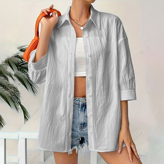 EchfiProm Fall Shirts for Women Button down Collared Tops Elegant Pullover 3/4 Sleeve Solid Lapel Womens