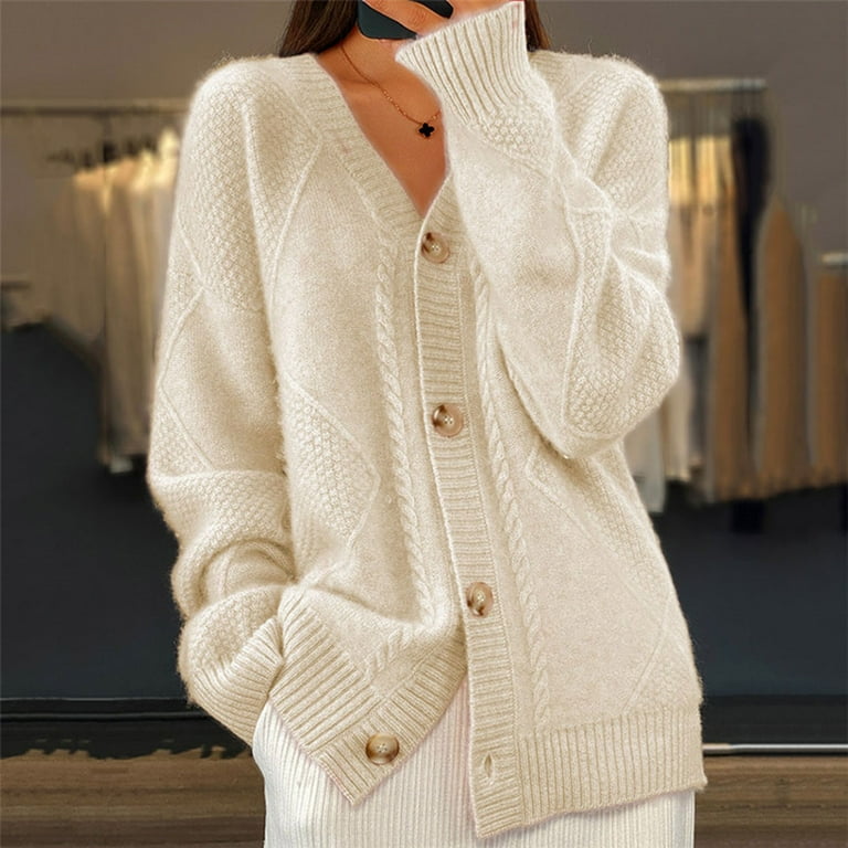 EchfiProm Fall Sweaters for Women,Long Sleeve Beige Casual V-neck