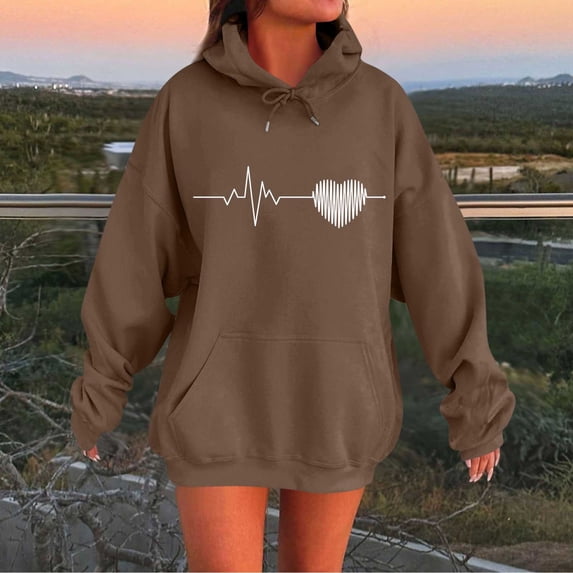 EchfiProm Fall Sweatshirts for Womens Oversized Hoodies Long Sleeve Hooded Pullover with Pockets Brown Ladies Tunic Tops
