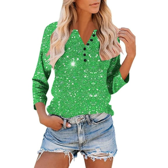 EchfiProm Fall Tops Women Green V Neck Comfort Classic Fit Raglan Button Solid Long Sleeve T Shirts