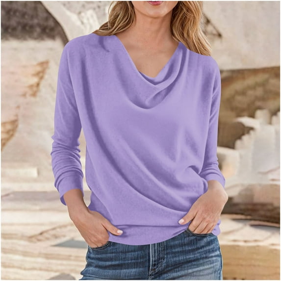 EchfiProm Fall Tops for Women Basic Shirts Purple Cowl Neck Pullover Long Sleeve Womens Solid