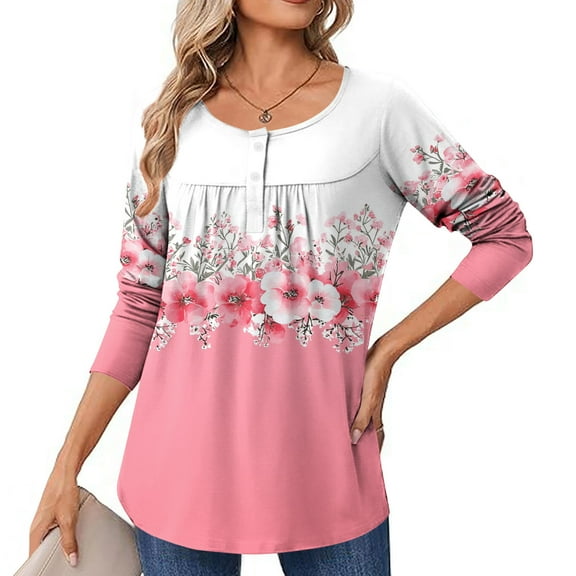 EchfiProm Fall Tops for Women Floral Loose Long Sleeve Pink Womens T-Shirt Crew Neck