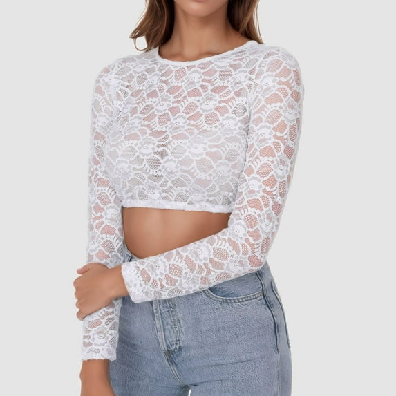 EchfiProm Fall Tops for Women Long Sleeve Lace Crop Temperament Crew Neck Slim Fit White Ladies T-Shirt Solid