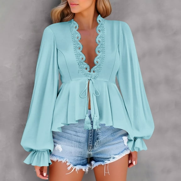 EchfiProm Fall Tops for Women Long Sleeve Lace Splicing Ruffle Shirts Light Blue V-Neck Loose Blouse Solid Ladies
