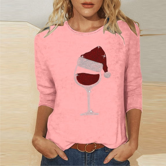 EchfiProm Fall Tops for Women Pink Crew Neck T-Shirts Graphic Relaxed Fit Pullover 3/4 Sleeve Womens