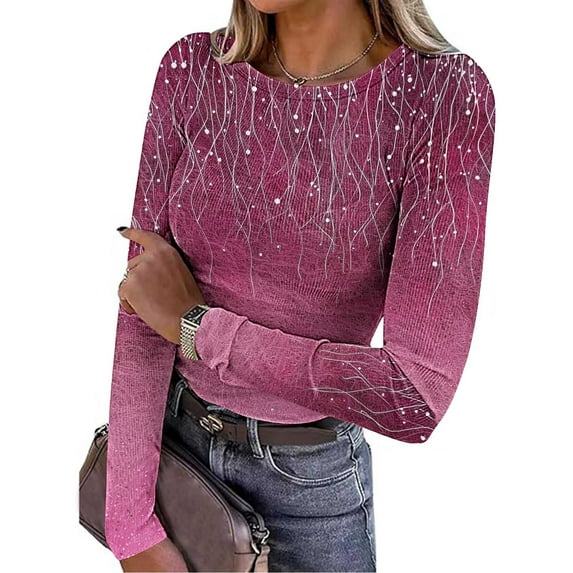 EchfiProm Fall Tops for Women Ribbed Pullover Hot Pink Long Sleeve Floral Womens Shirts Crew Neck