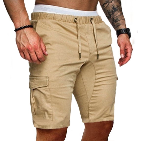 EchfiProm Fitness Shorts Khaki Sports Running Fitness Solid Color Multi-pocket Cargo Shorts M