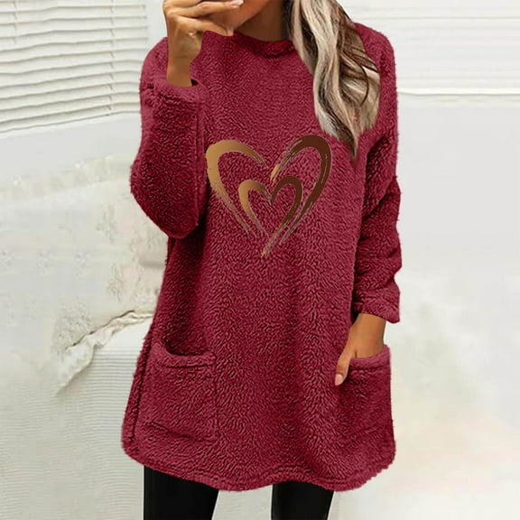 EchfiProm Fleece Tops for Women with Pocket Long Sleeve Blouse Wine Crew Neck Graphic Ladies Coat Casual
