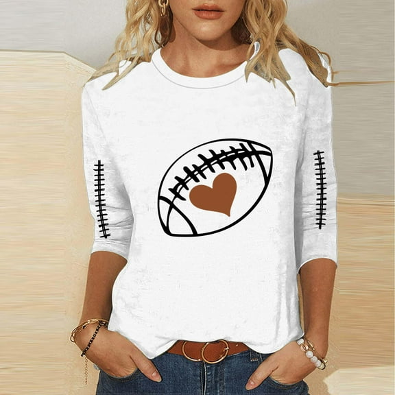 EchfiProm Football T-Shirts for Women 3/4 Sleeve White Pullover Loose Fit Casual Crew Neck Shirts