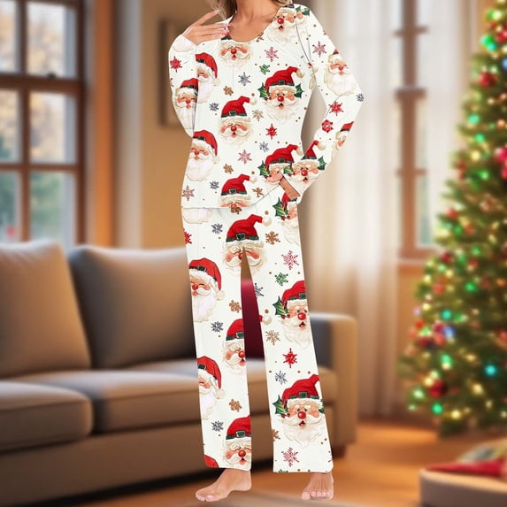 EchfiProm Funny Christmas Pajamas for Women Sleepwear Comfy Beige 2 Piece Set Pants and Long Sleeve Adults Lounge Sets