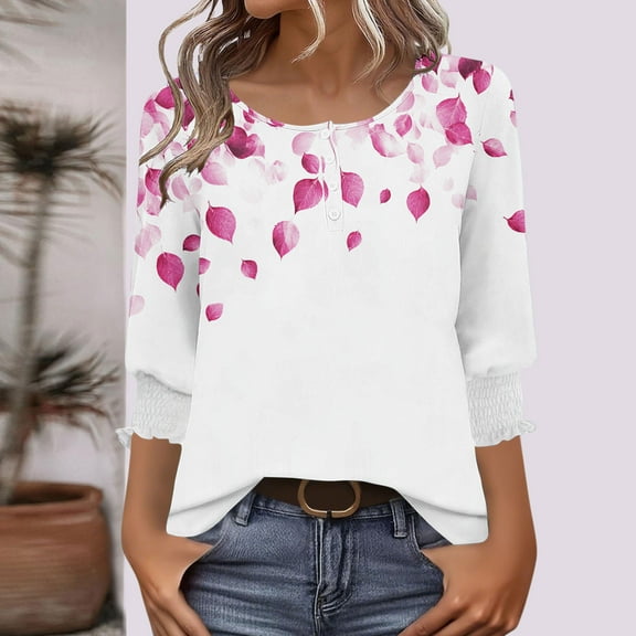 EchfiProm Funny Shirts for Women Pink 3/4 Sleeve Pullover Crew Neck Summer Floral Loose Fit Shirts