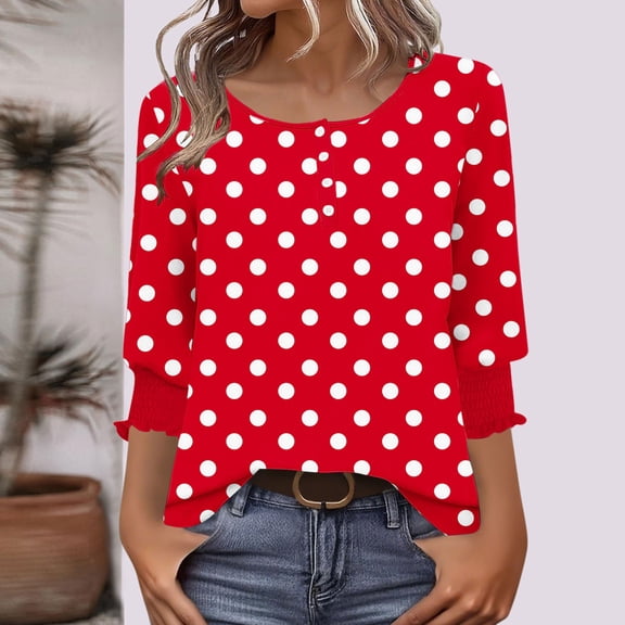 EchfiProm Funny Shirts for Women Red 3/4 Sleeve Pullover Crew Neck Relaxed Fit Trendy Polka Dot Tops