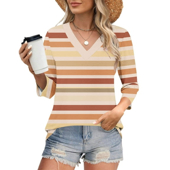 EchfiProm Funny Shirts for Women Striped 3/4 Sleeve Orange Pullover V-Neck Relaxed Fit Summer Tops